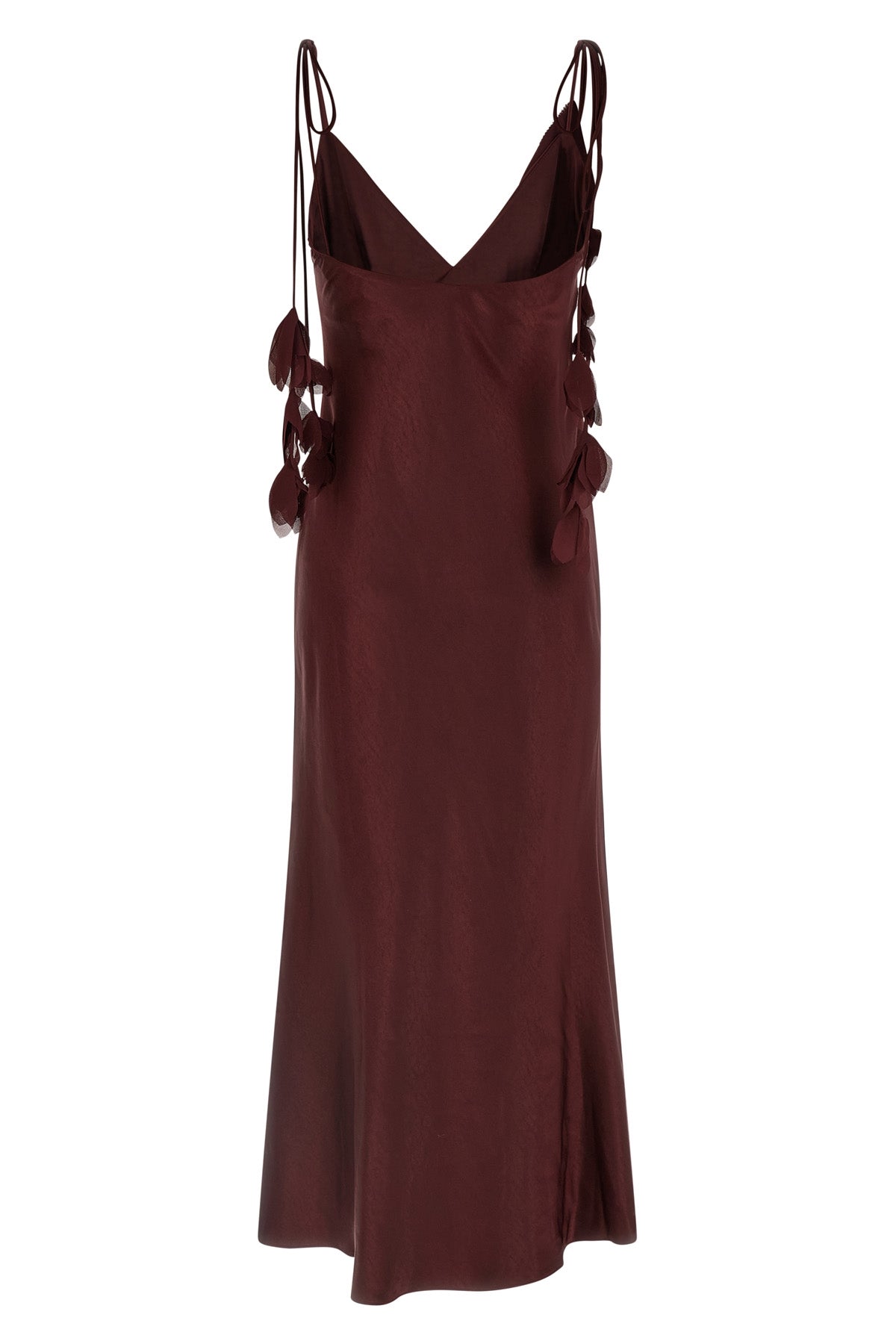 burgundy satin flower midi satin dress