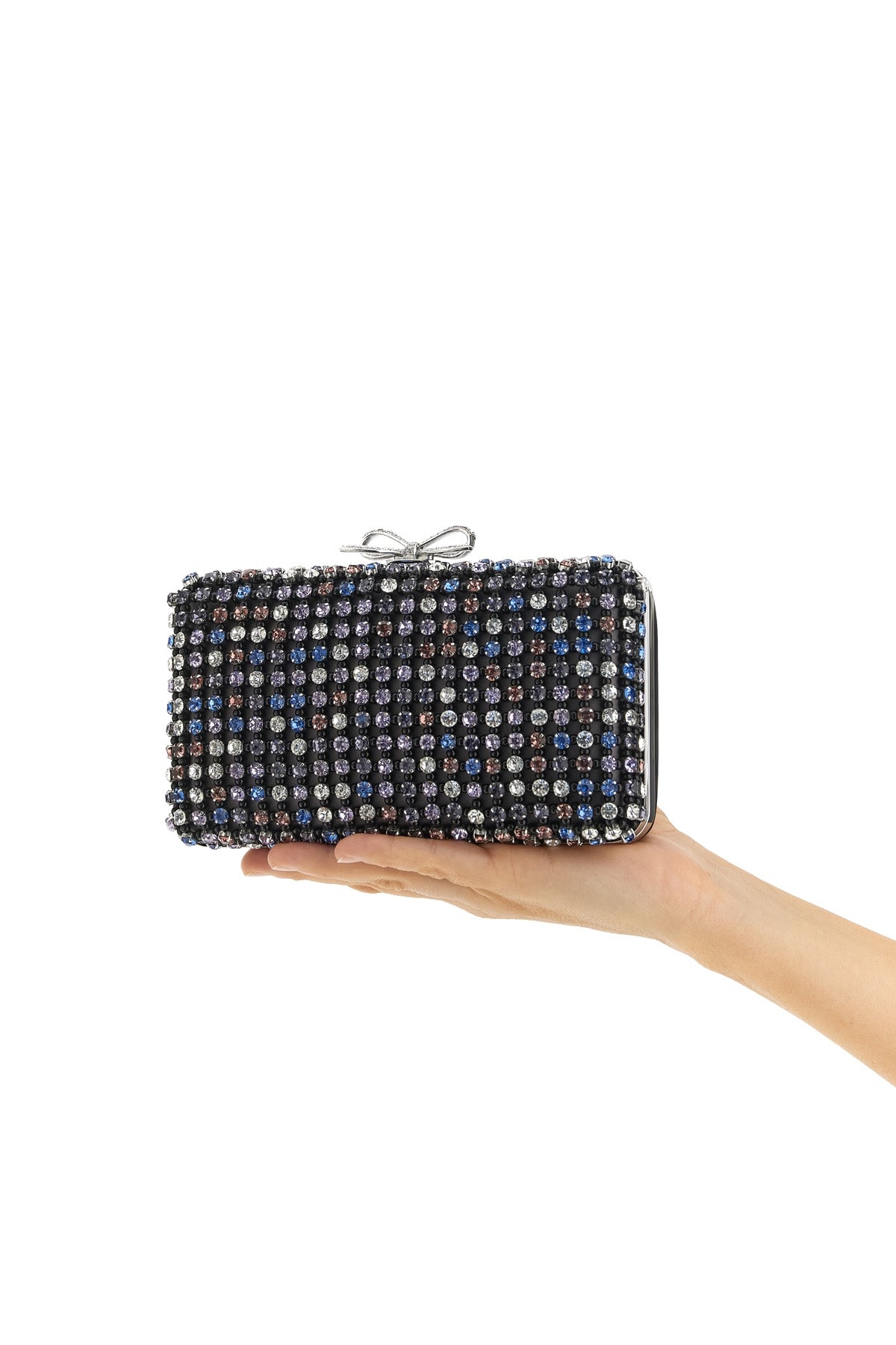 multi crystal chainmail satin-effect fabric clutch