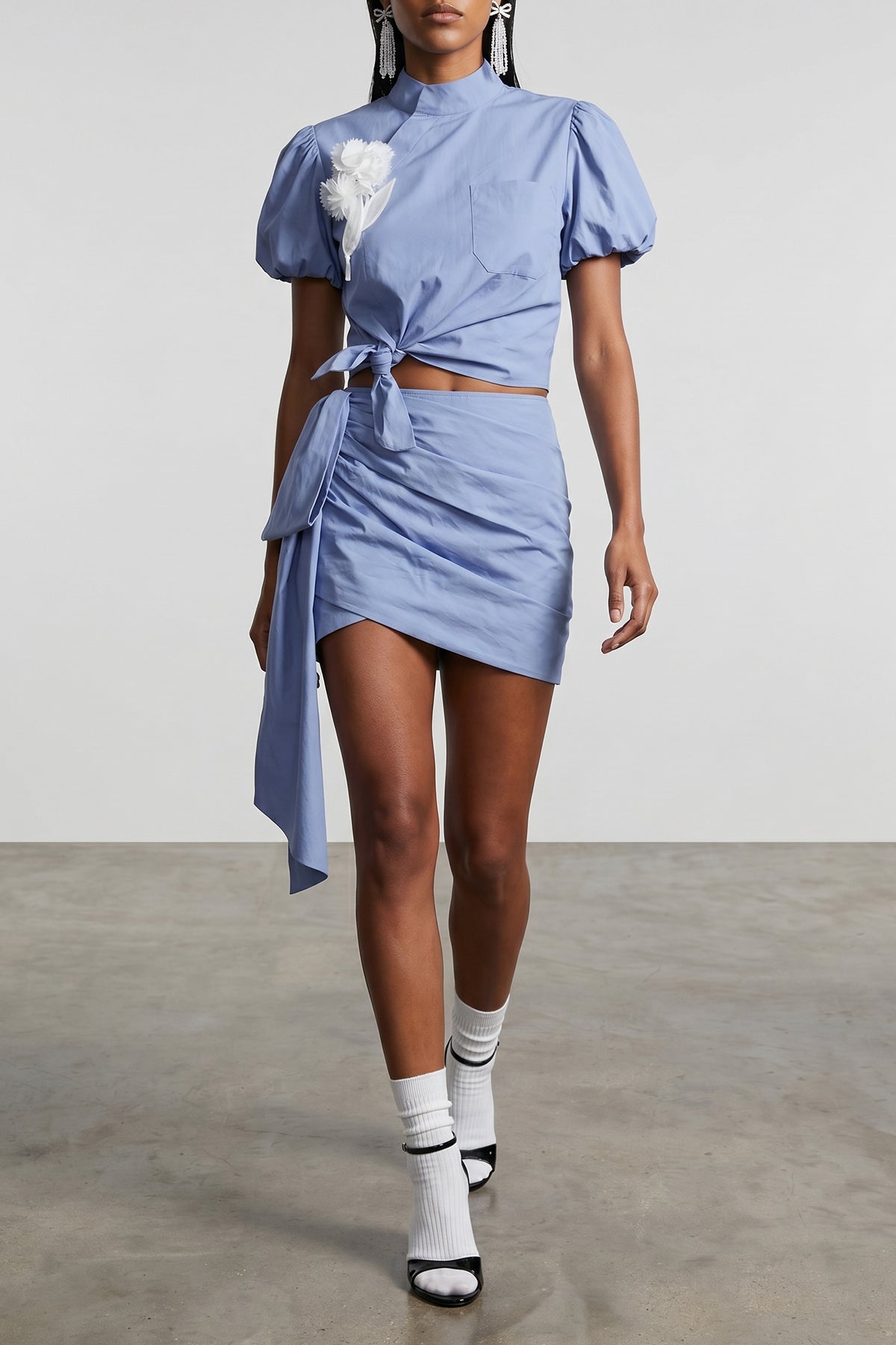 blue cotton tie side mini cotton skirt
