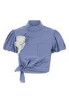 blue cotton tie side crop top in cotton