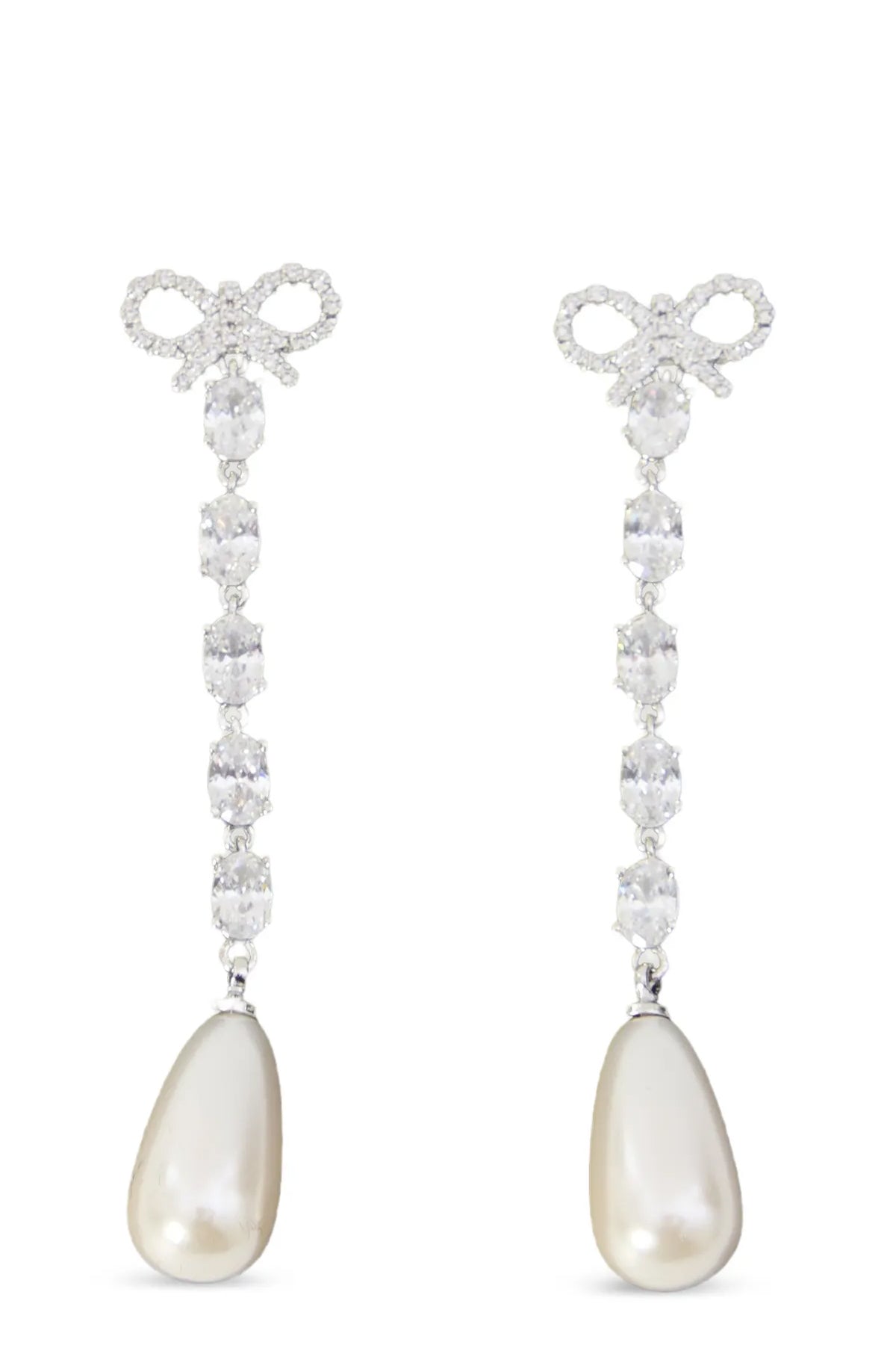 bow pearl droplet earrings in metal crystals and pearls
