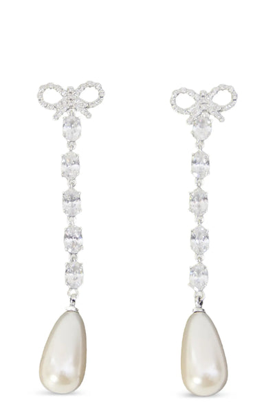 bow pearl droplet earrings in metal crystals and pearls