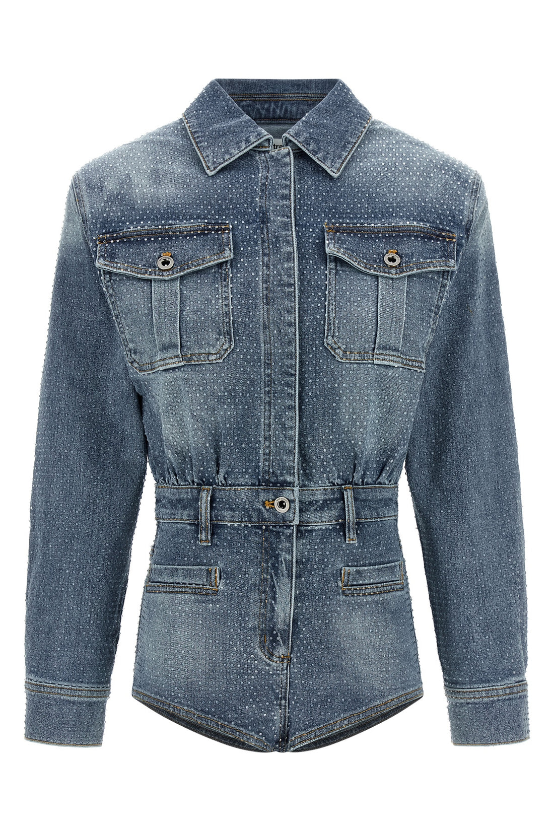 SELF PORTRAIT 6 rhinestone denim stonewashed cotton denim jumpsuit