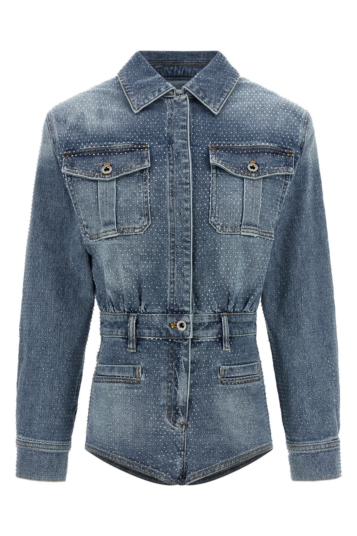 rhinestone denim stonewashed cotton denim jumpsuit