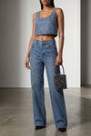 rhinestone denim straight leg stonewashed cotton denim jeans