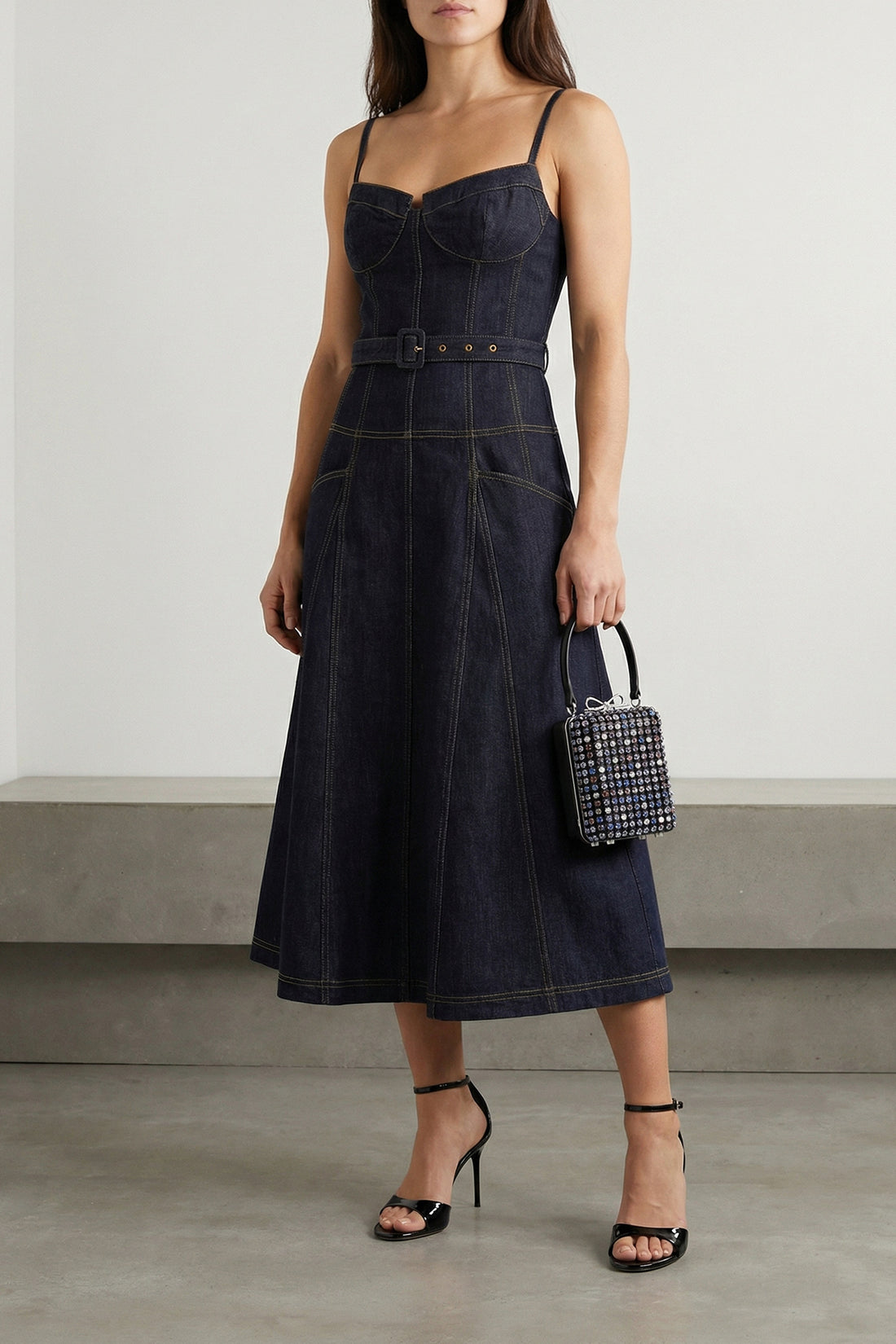 SELF PORTRAIT 6 indigo denim flared midi cotton denim dress
