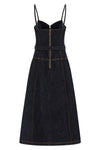 indigo denim flared midi cotton denim dress