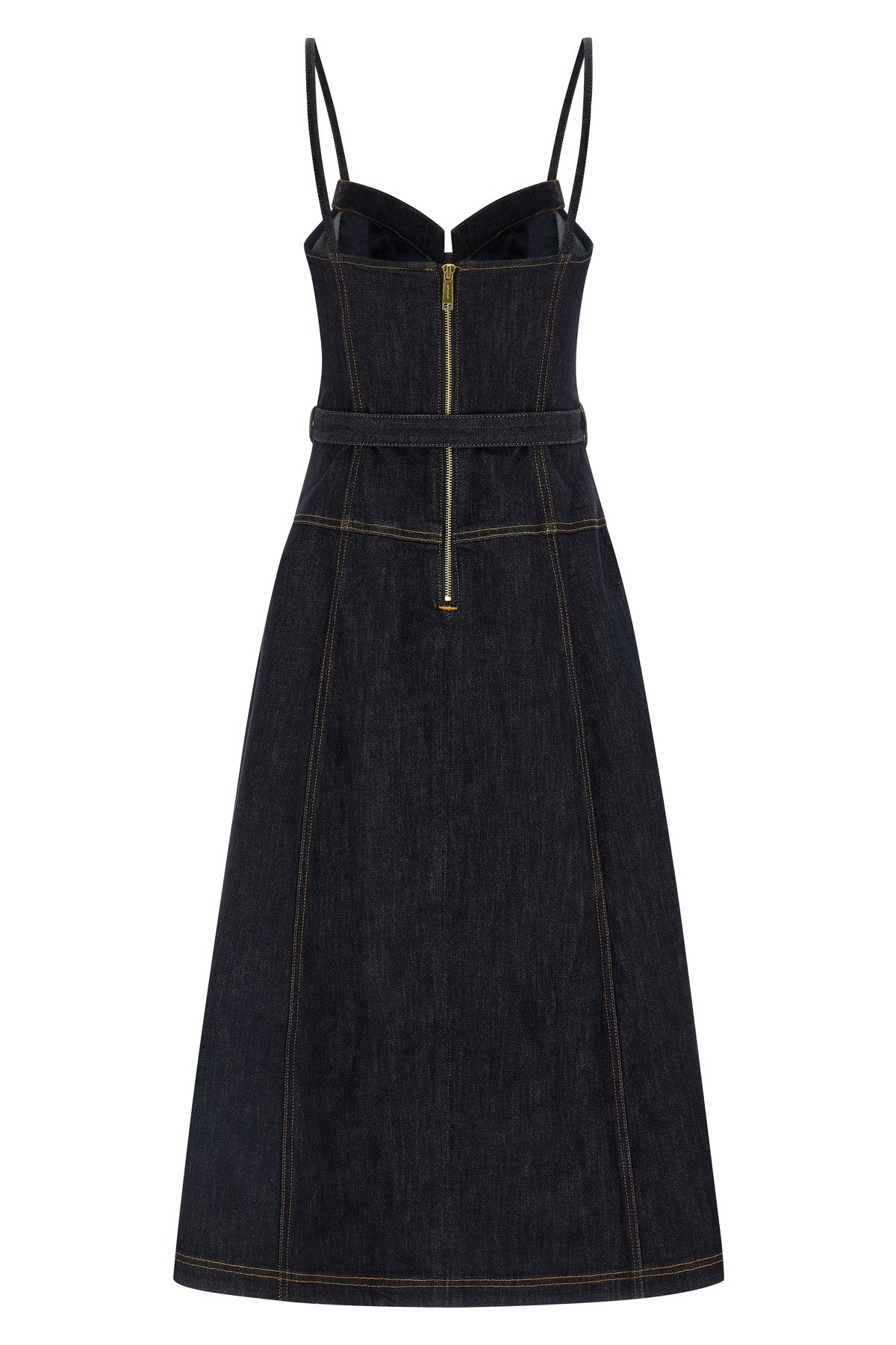 indigo denim flared midi cotton denim dress