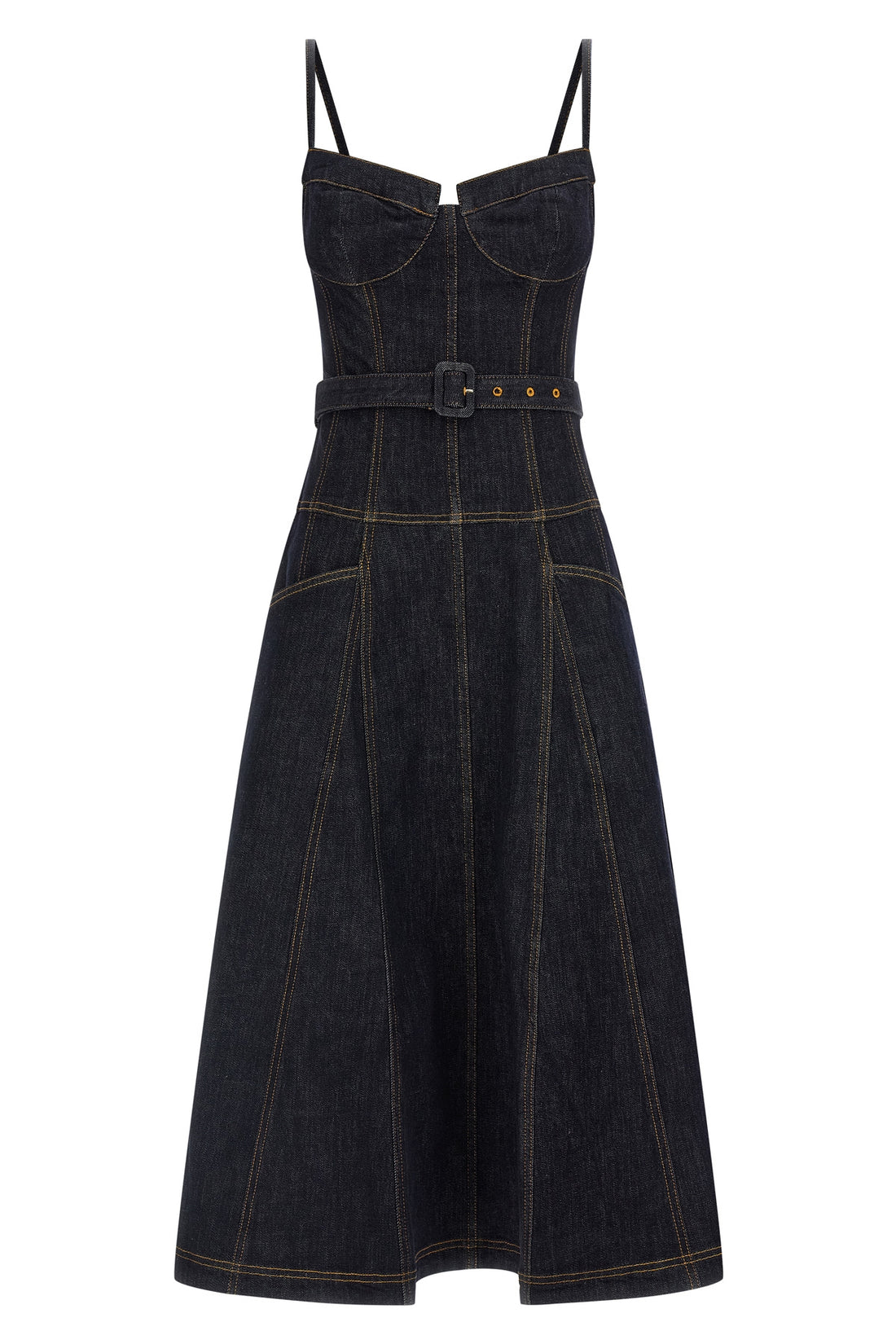SELF PORTRAIT 6 indigo denim flared midi cotton denim dress