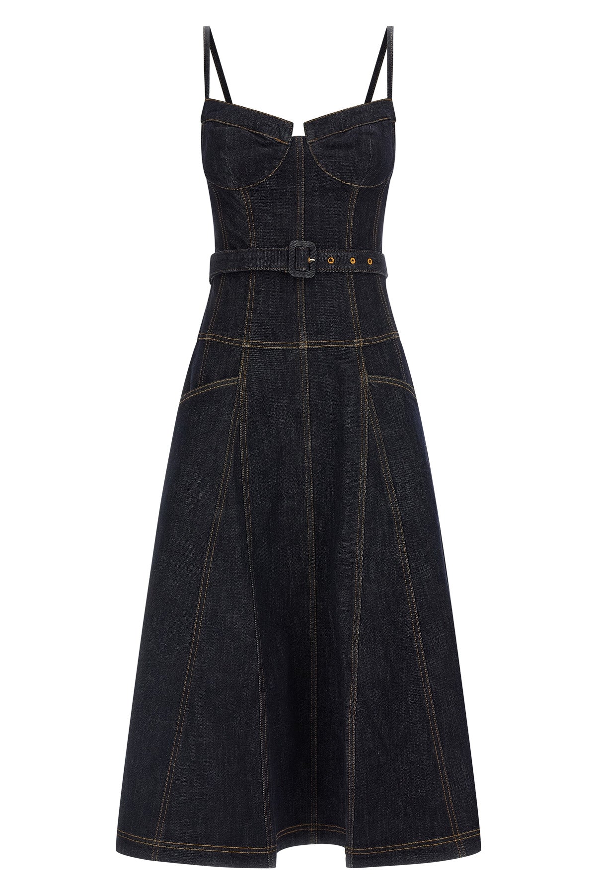 indigo denim flared midi cotton denim dress