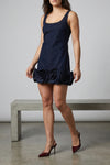 indigo denim 3d flower mini sleeveless dress in cotton denim