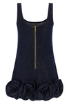 indigo denim 3d flower mini sleeveless dress in cotton denim