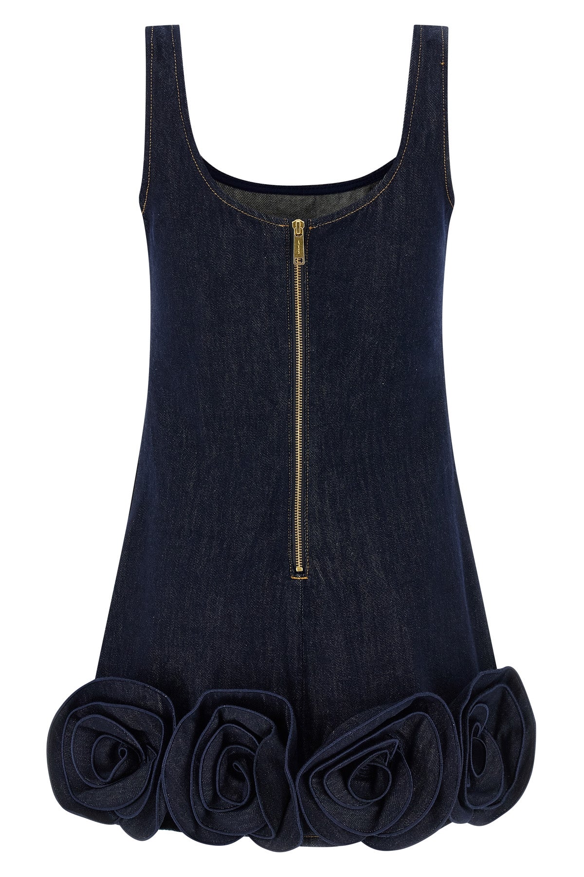 indigo denim 3d flower mini sleeveless dress in cotton denim