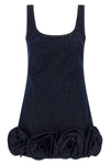 indigo denim 3d flower mini sleeveless dress in cotton denim
