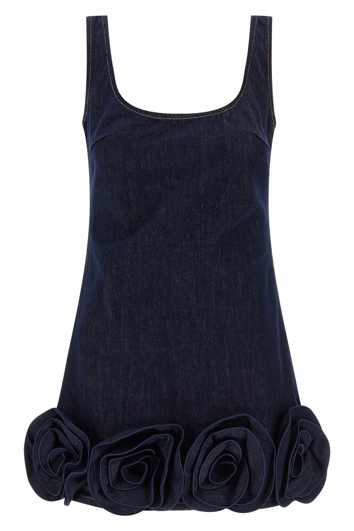 indigo denim 3d flower mini sleeveless dress in cotton denim