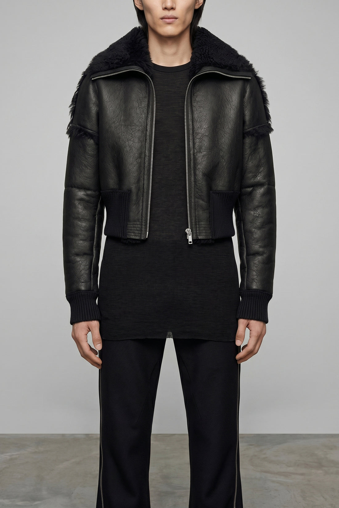 RICK OWENS 50 flight jkt cropped bomber jacket in matte craquelé effect leather