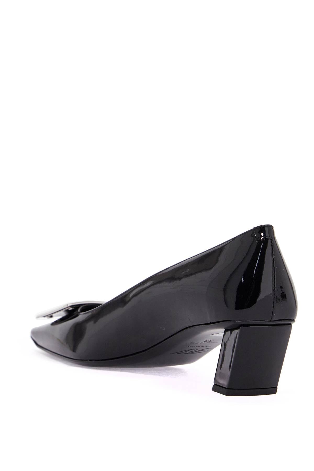 black calfskin pumps with buckle and wide heel