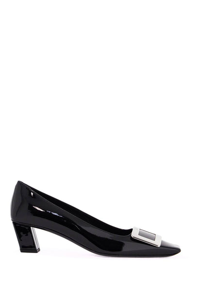 black calfskin pumps with buckle and wide heel