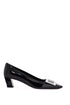 black calfskin pumps with buckle and wide heel