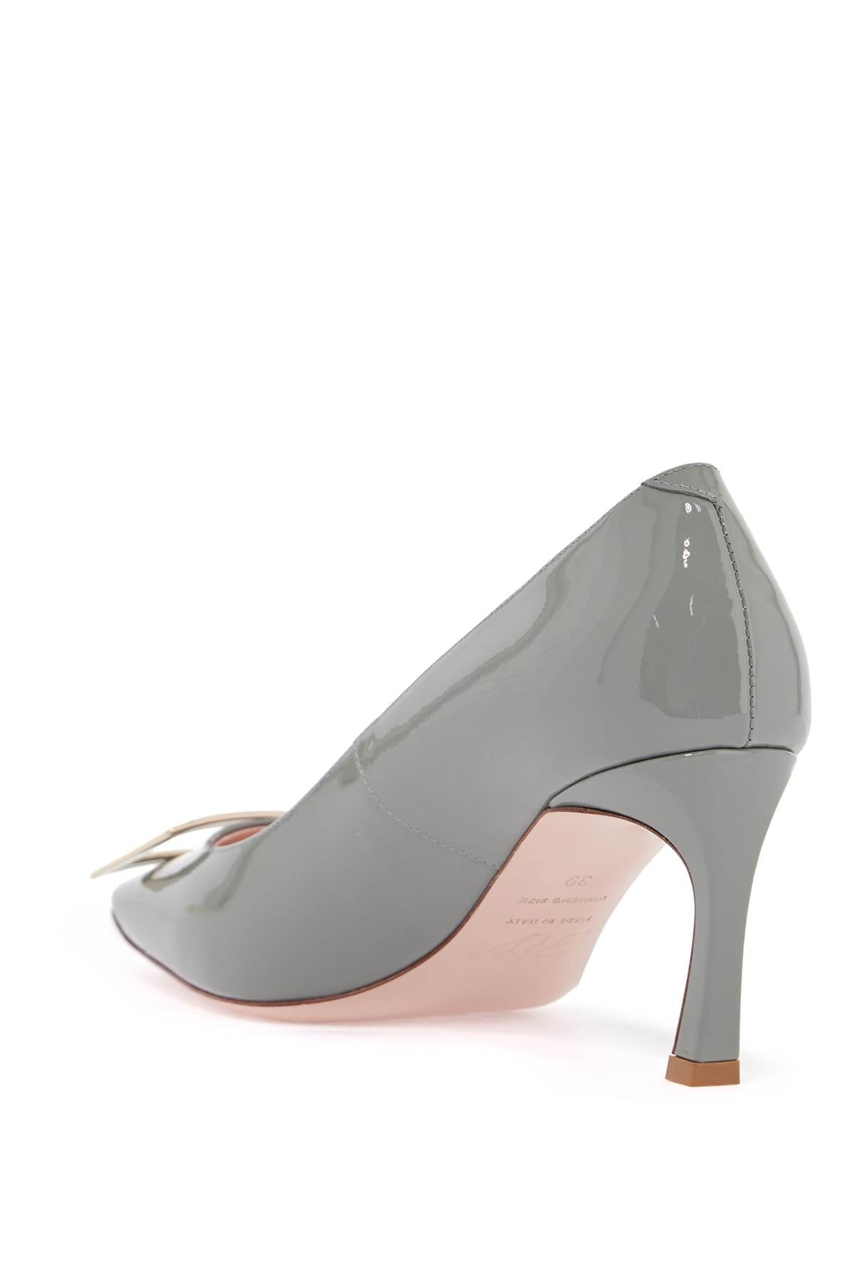 gray calfskin pumps with golden buckle and 7cm stiletto heel