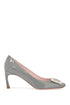 gray calfskin pumps with golden buckle and 7cm stiletto heel