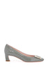 glossy grey calfskin pumps with square wide heel