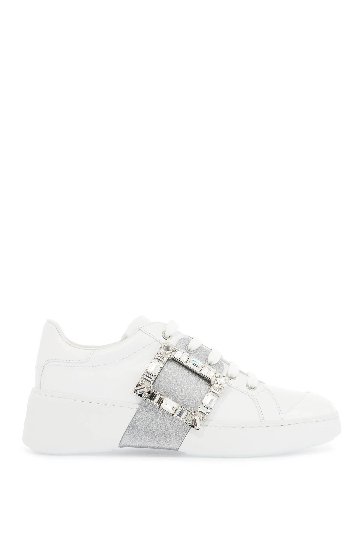 white viv skate sneakers with rhinestone buckles