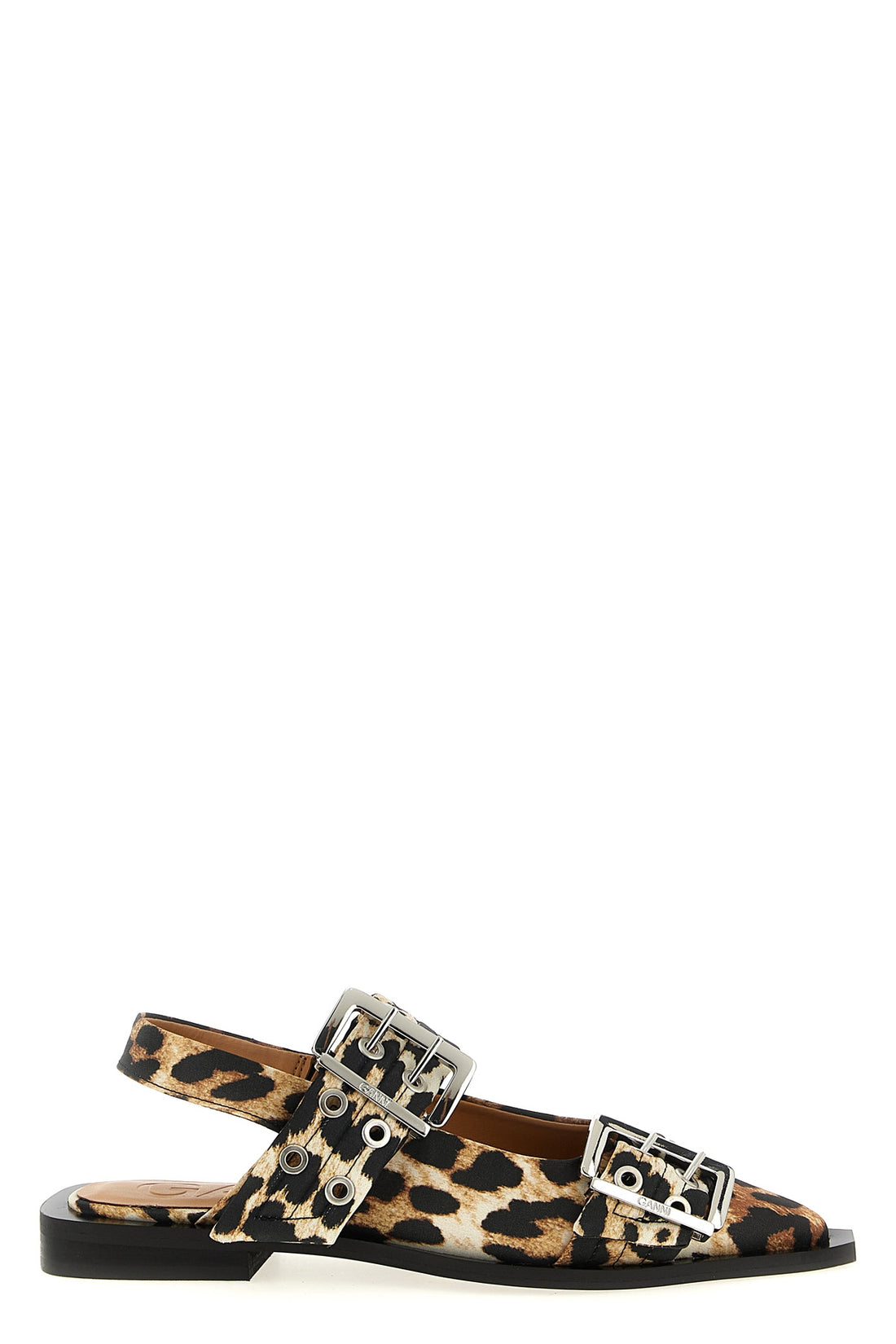 GANNI 35 leopard satin feminine buckle slingbacks in leopard-print fabric