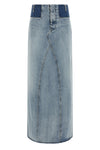 maison margiela long skirt redefines denim codes through a two-tone deconstructe