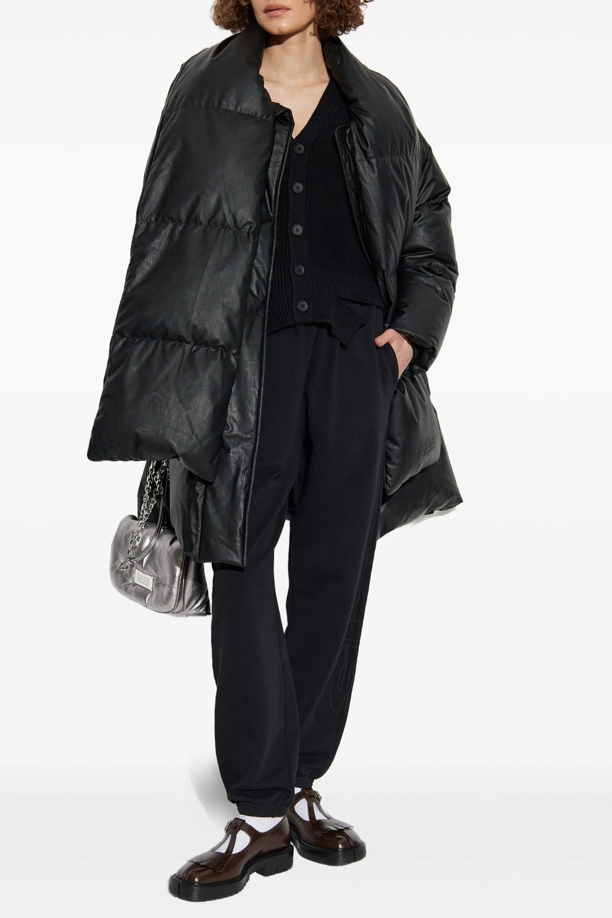 long down jacket in quilted leather-effect coated viscose