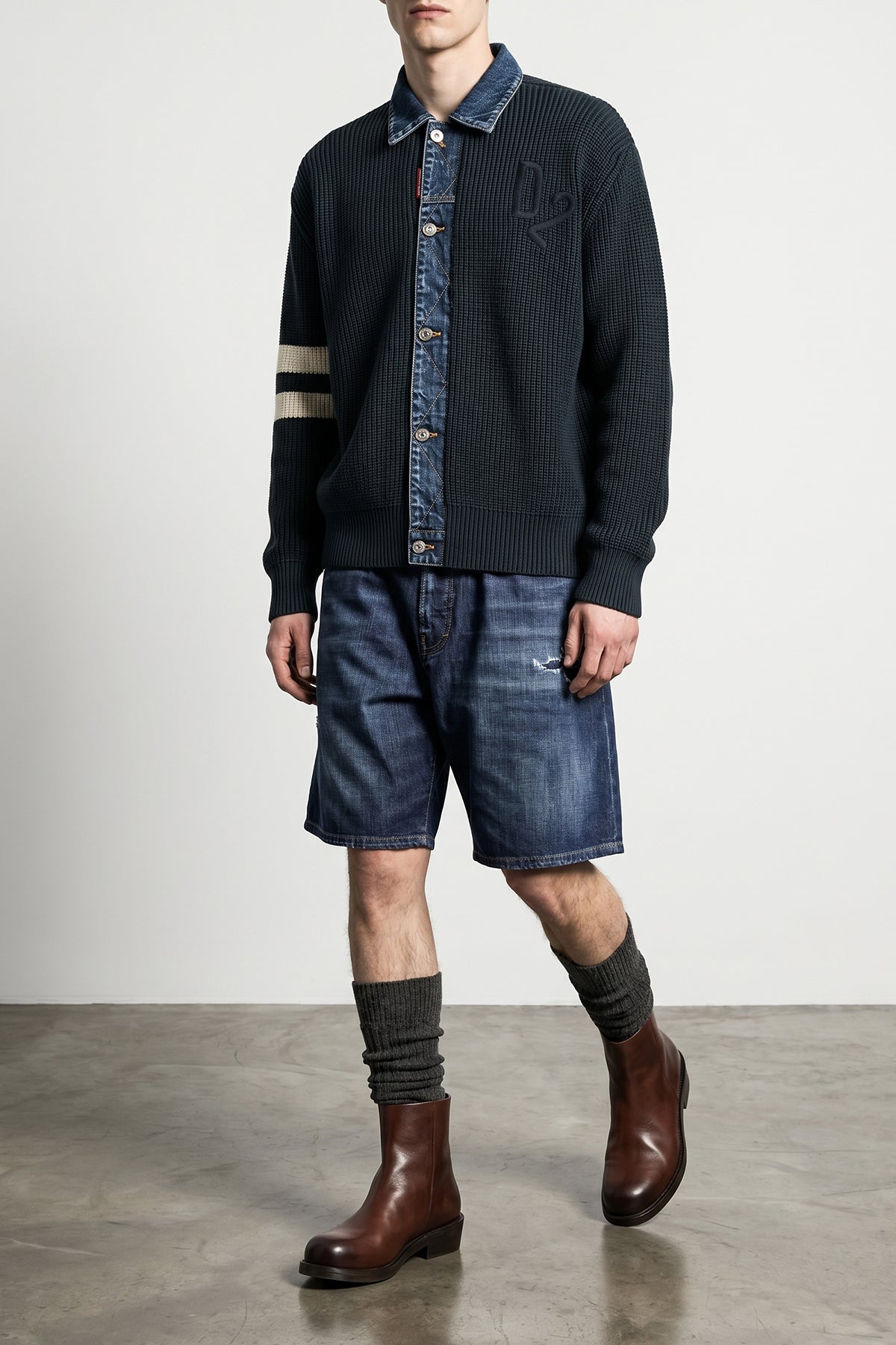 boxer bermuda shorts in used-effect stone-washed cotton denim