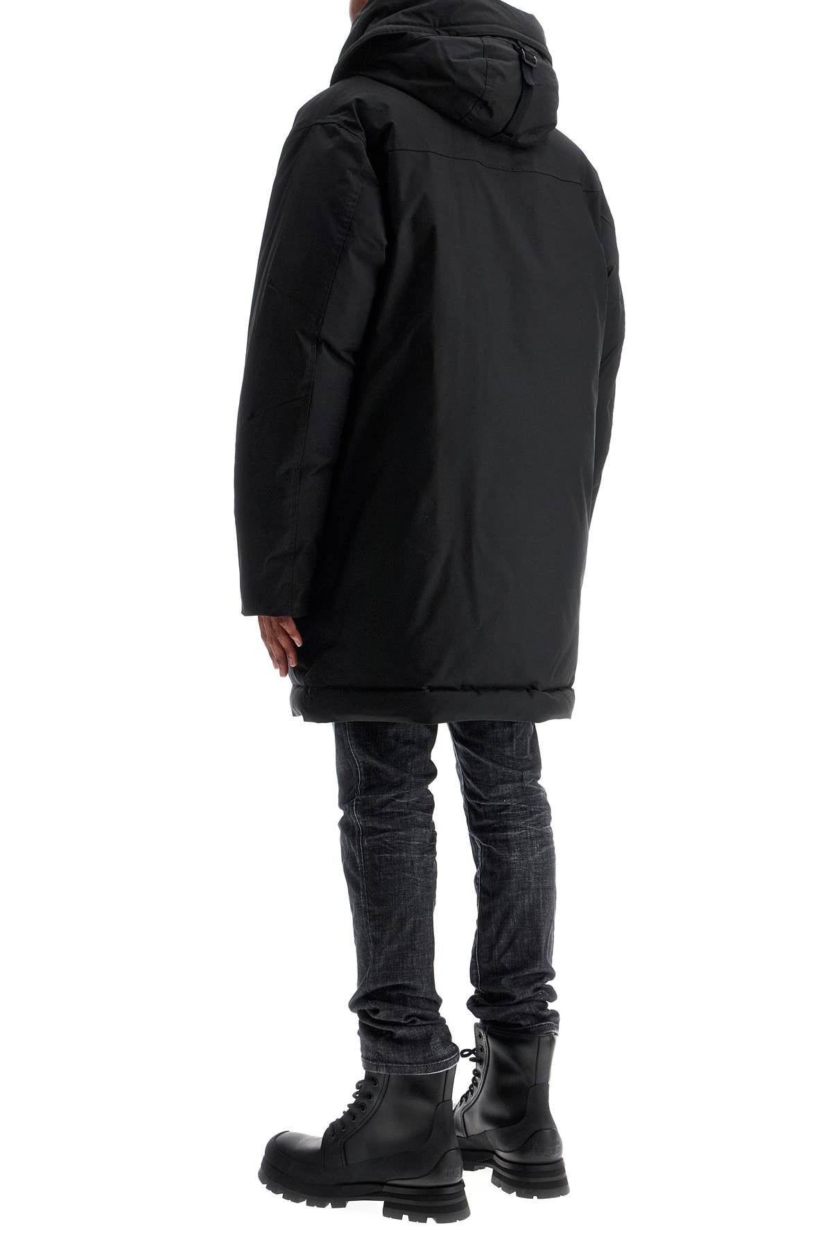 black techno down polyester parka with hood