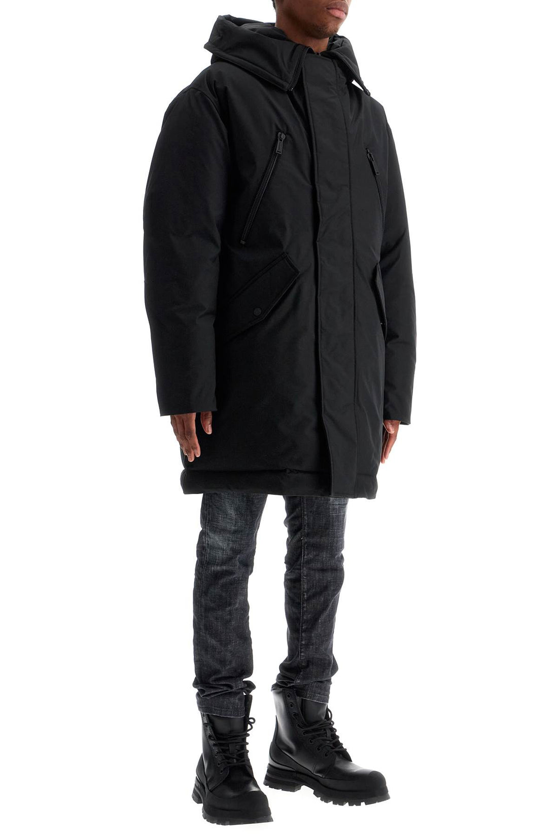 black techno down polyester parka with hood