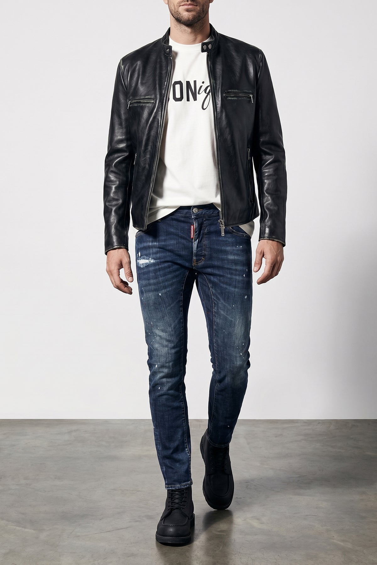 tidy biker used-effect stretch cotton denim jeans
