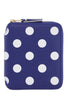 blue leather wallet with polka dots and zip
