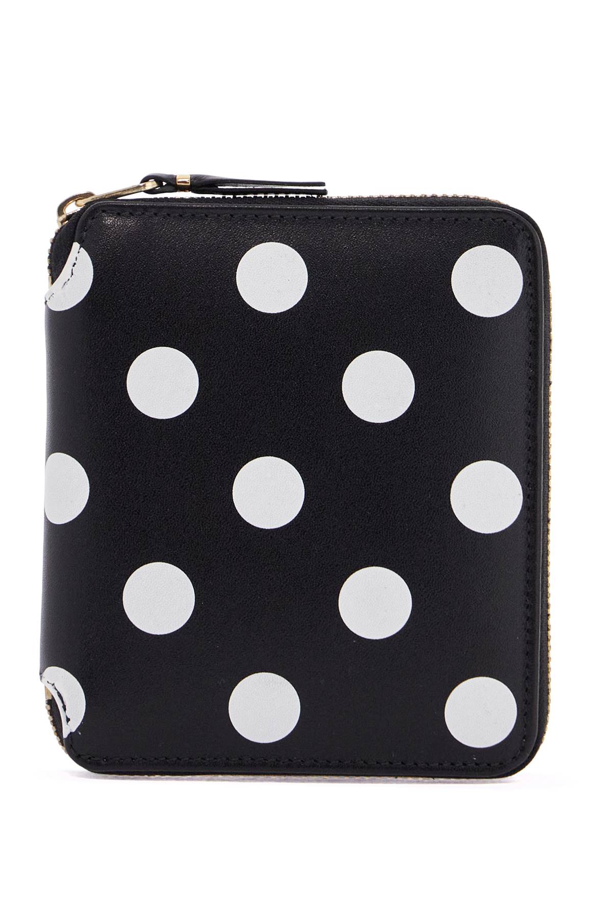 black leather wallet with white polka dots and gold zip