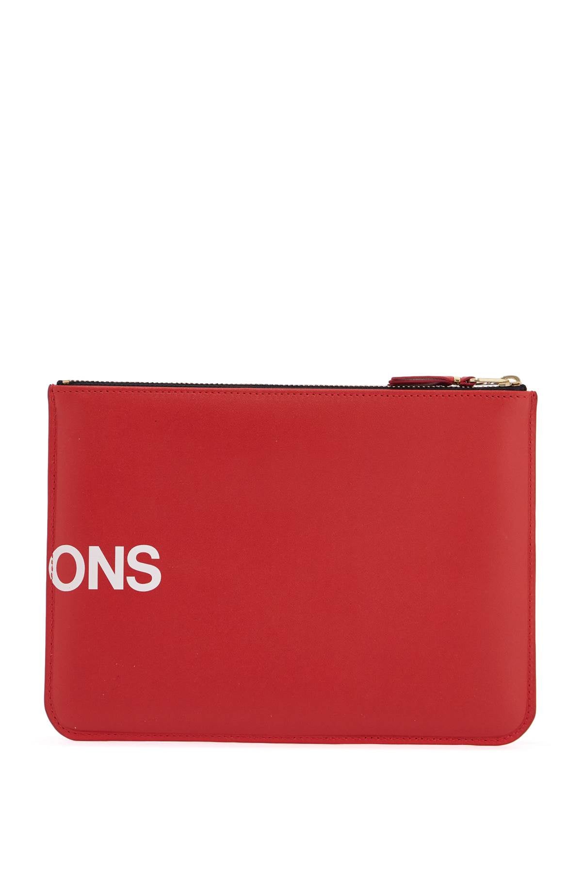 red calfskin wallet with large logo and zip closure