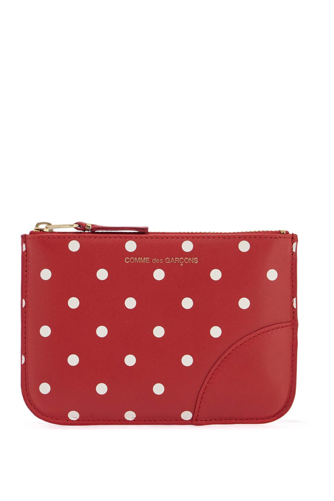 unisex red leather polka dot wallet with gold zip