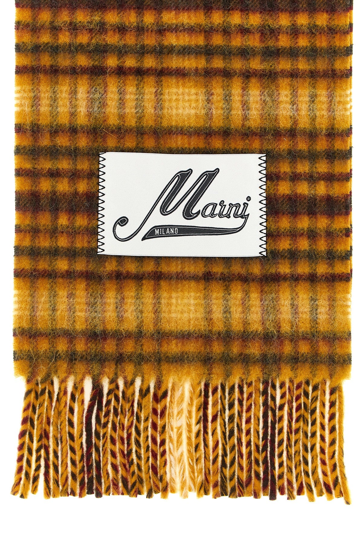 the marni checked scarf is distinguished by a brushed texture that enhances the