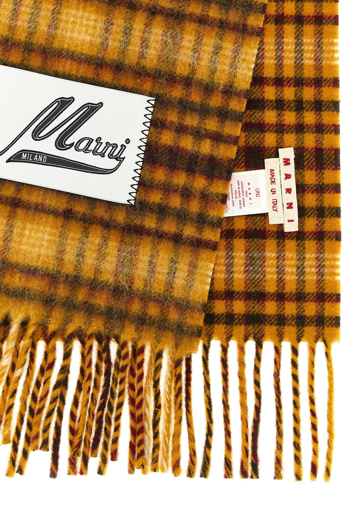 the marni checked scarf is distinguished by a brushed texture that enhances the