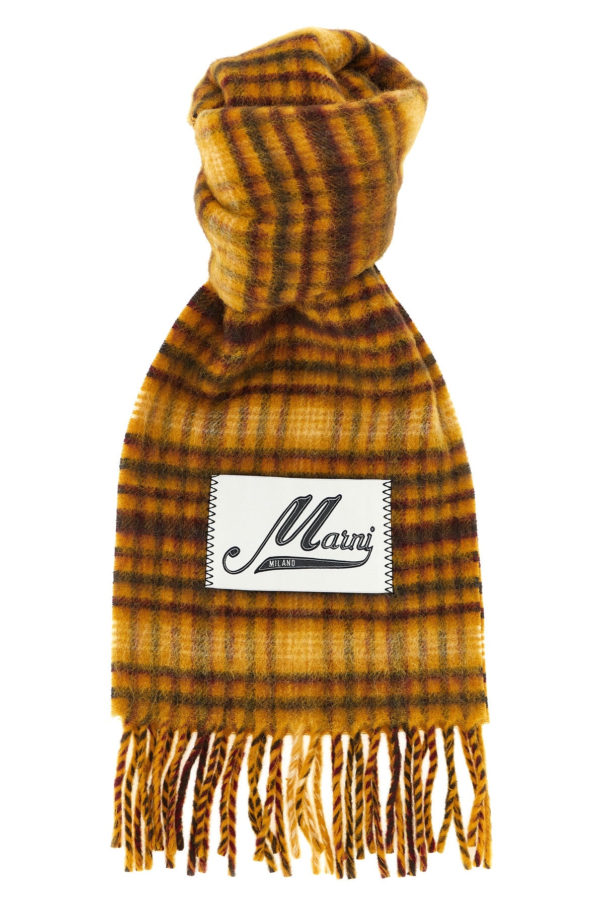 the marni checked scarf is distinguished by a brushed texture that enhances the