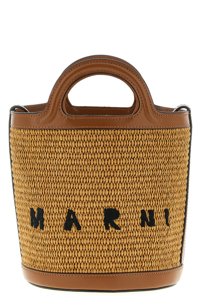 small tropicalia bucket bag in woven raffia-effect fabric and smooth leather