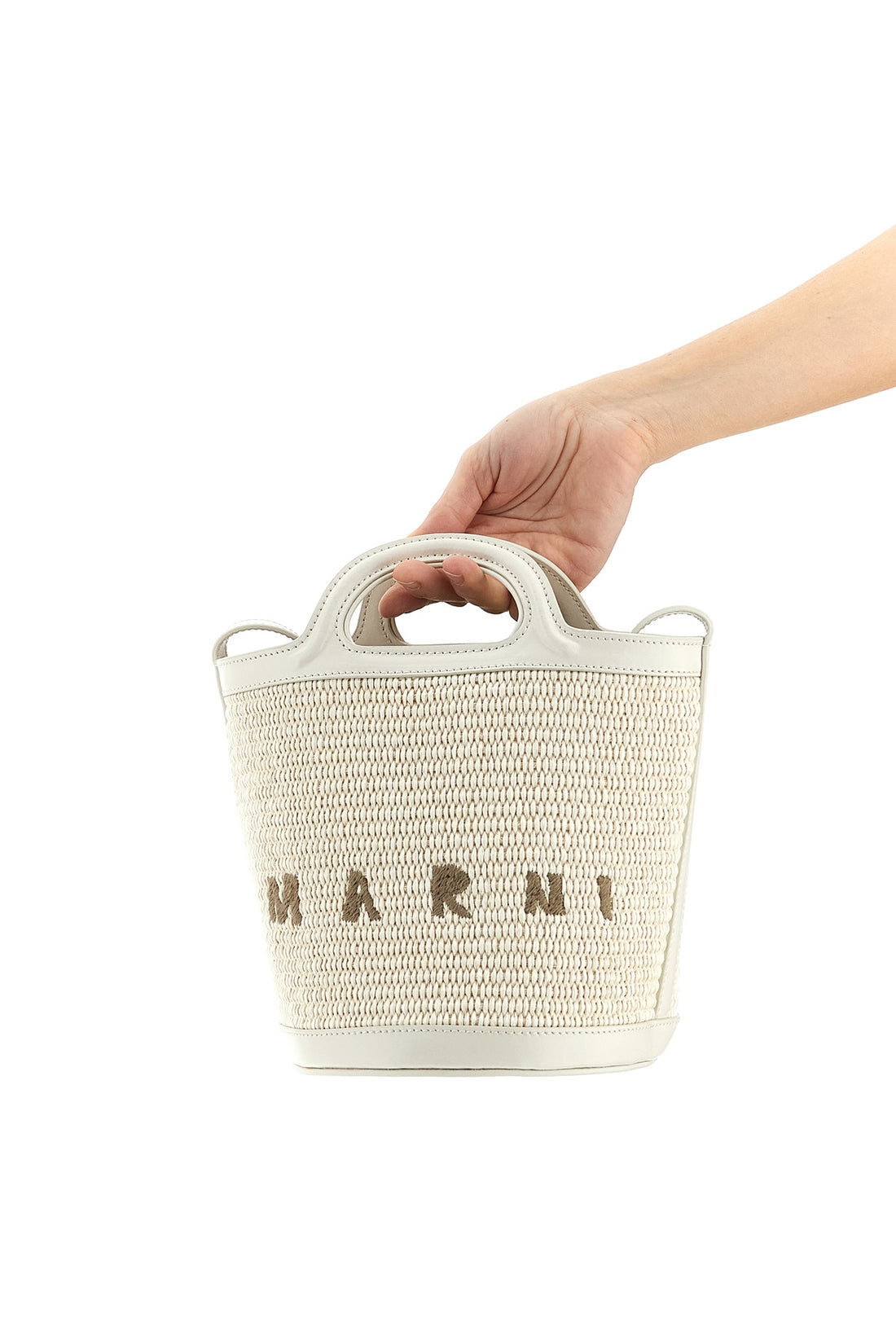 MARNI OS small tropicalia bucket bag in woven raffia-effect fabric and smooth leather
