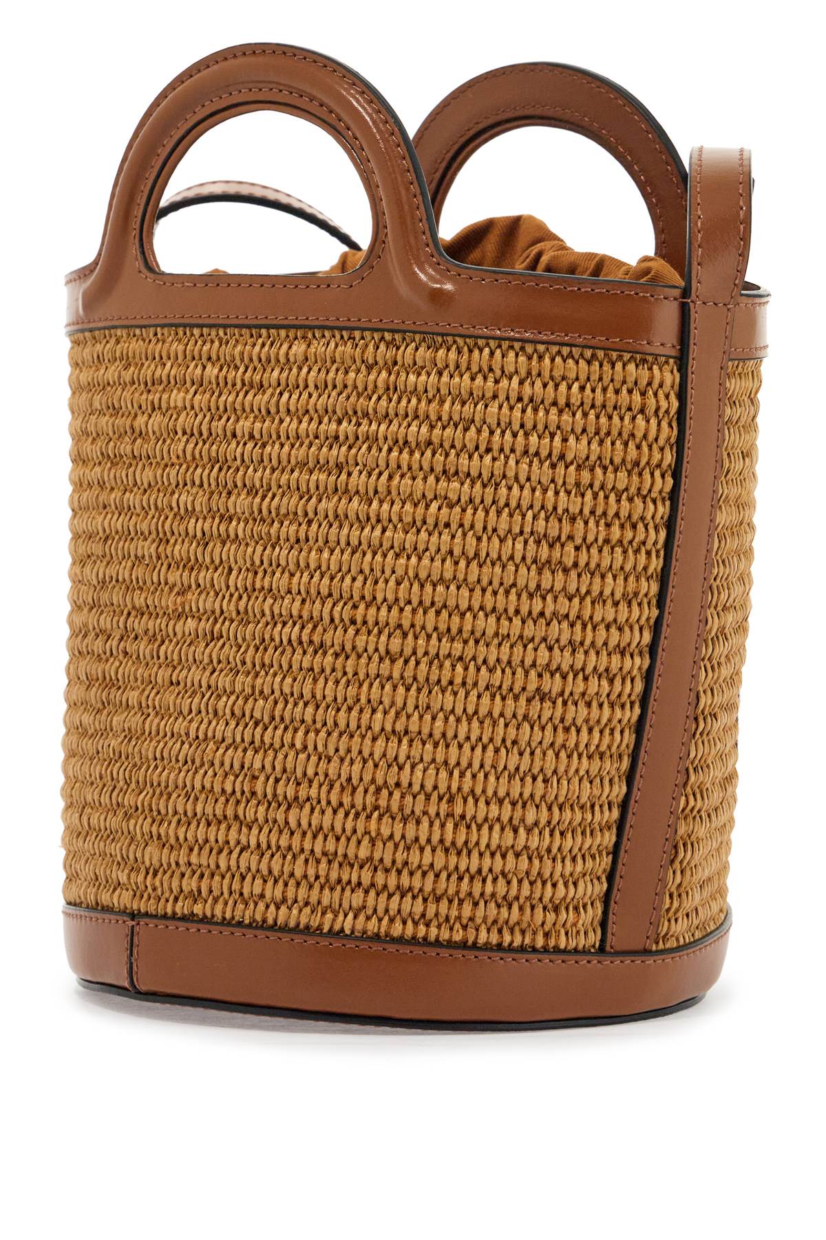 light brown woven fabric and leather bag with circular handles