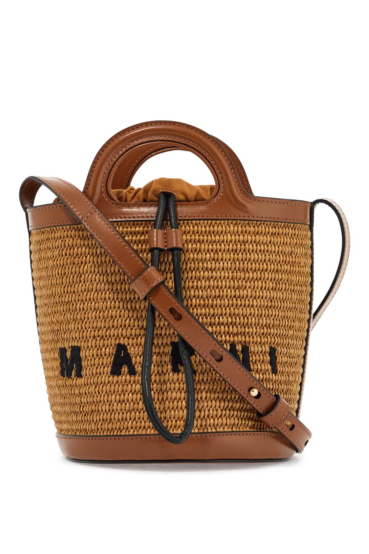 light brown woven fabric and leather bag with circular handles