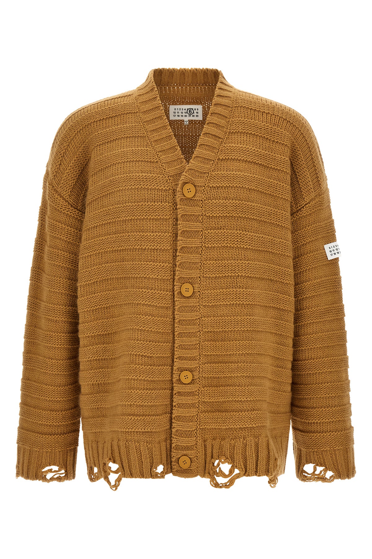 the mm6 maison margiela distressed cardigan in virgin wool blend