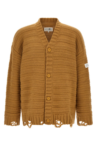 the mm6 maison margiela distressed cardigan in virgin wool blend