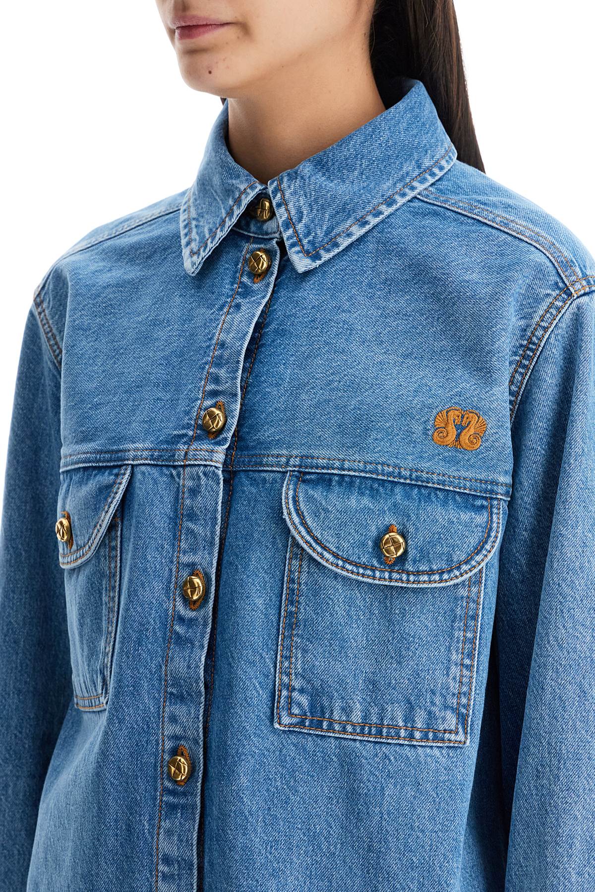 blue denim shirt in cotton with high collar