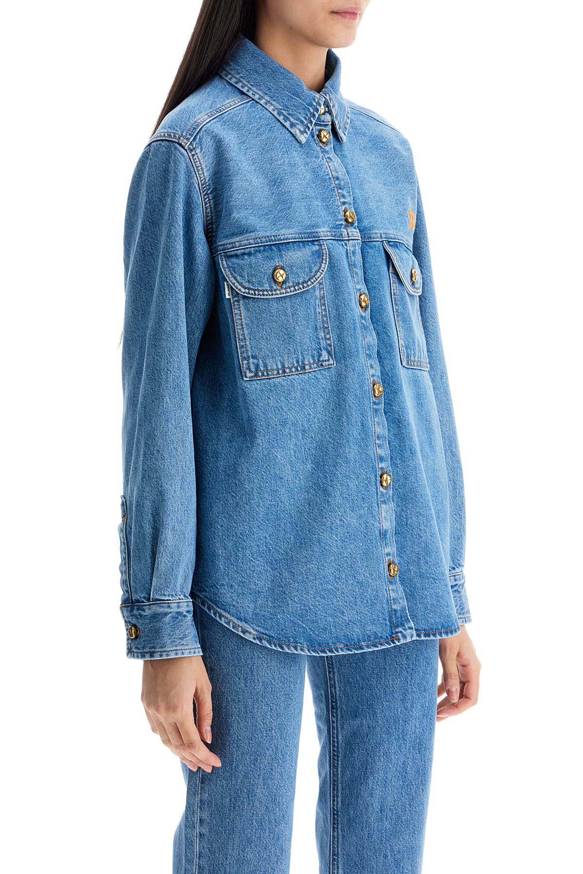 blue denim shirt in cotton with high collar