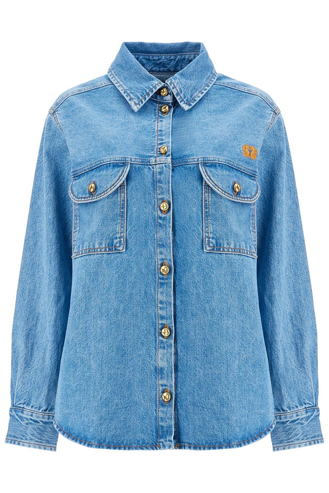 blue denim shirt in cotton with high collar